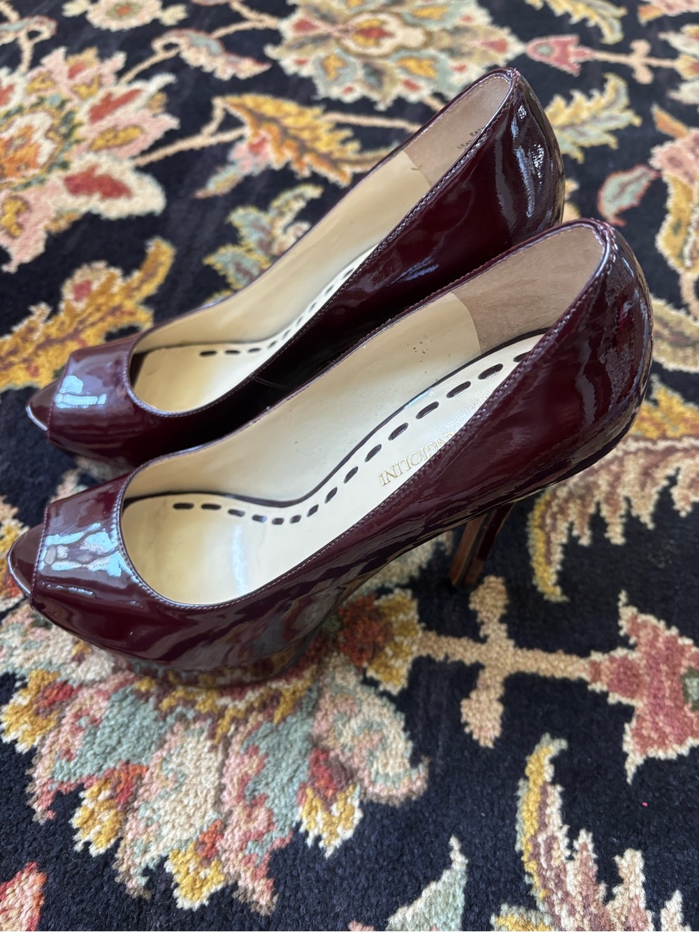 Patent Peep-Toe High Heels in Deep Bordeaux